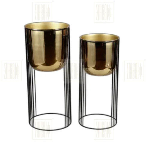 Golden Metallic Indoor And Outdoor Plant Stand Set Of 2 Pieces Dimensions: Big : 10X10X21 Inch