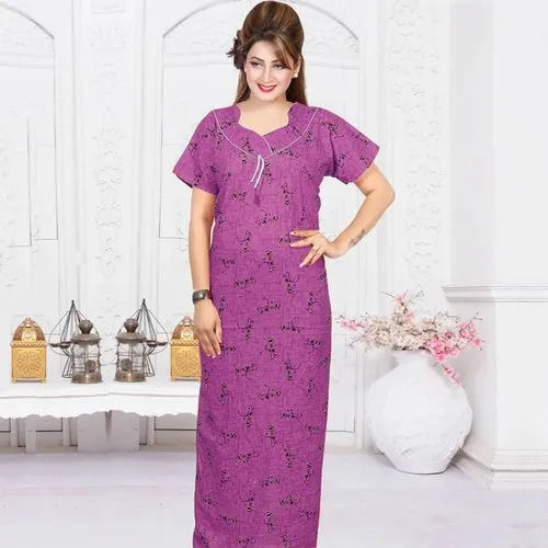 Summer Purple Regular Fit Skin Friendly Ladies Round-neck Half Sleeves  Embroidered Cotton Nighty at Best Price in Surat