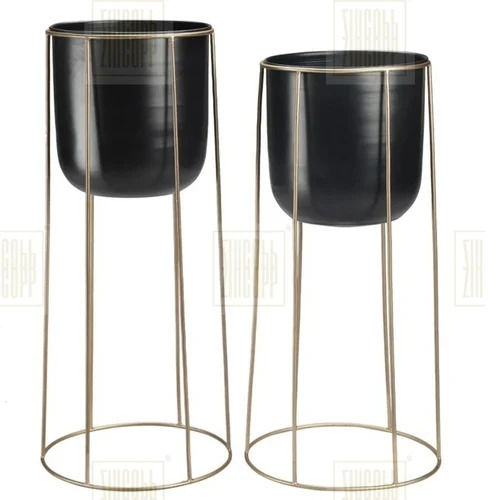 Black Plain Round Planter Pot With Stand Set Of 2 Pieces