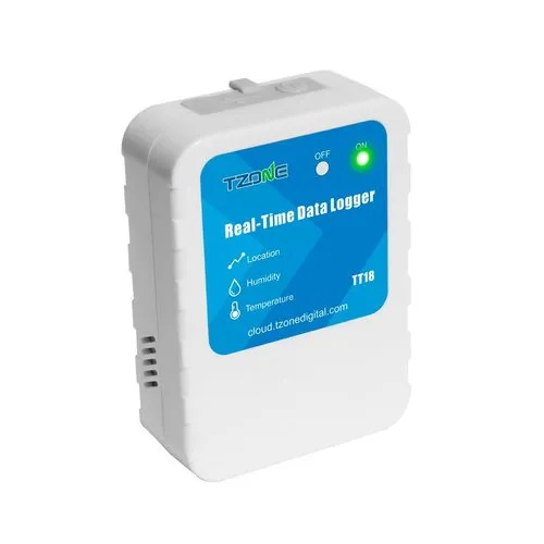TT18 Digital Temperature Data Logger - Plastic, Single Channel, LCD Display, USB 2.0 Interface | Industrial Temperature Testing, Export to PDF, White and Blue Design