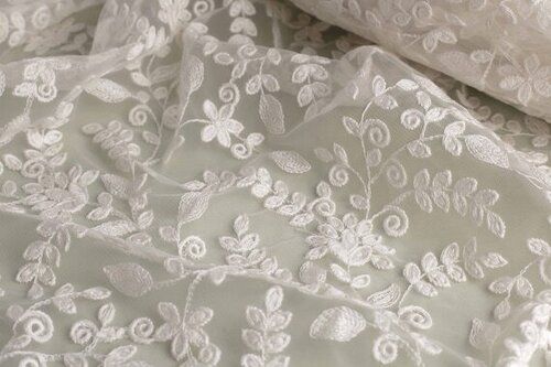 White Embroidered Net Fabrics For Suit And Dupatta