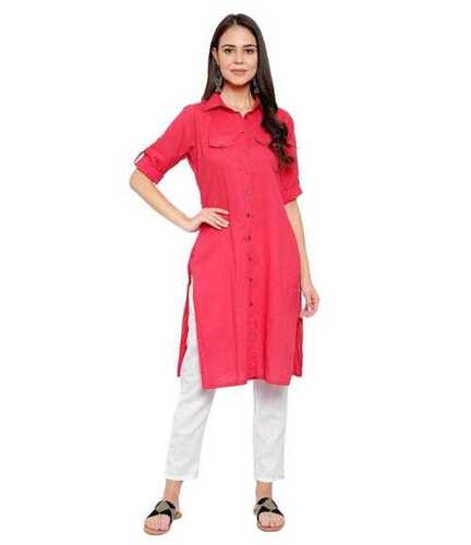 Solid Collar Neck Folding 3/4th Sleeves Long Kurti