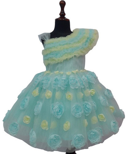 Princess Gown Style Baby Frock With Frilled Neckline And Floral Embellishments Age Group: 1-4