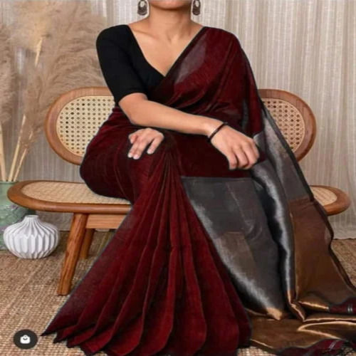 Maroon Plain Khadi Cotton Saree With Silver And Copper Designer Pallu