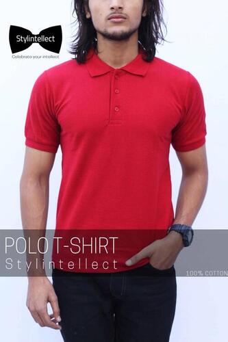 Silver Men Half Sleeve Red Collar Plain Cotton Polo T-Shirt