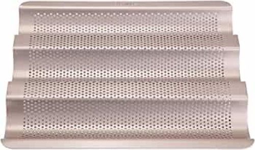 Perforated Baguette Pan - Heavy-Weight Aluminized Steel, Rectangular Design for Toasting Bread | Microwave Safe, Silver & Black Color Options