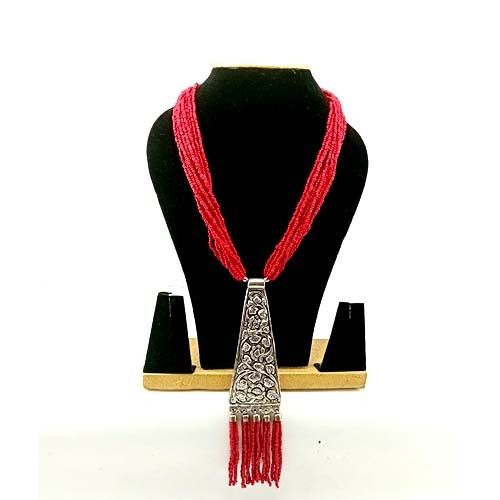 Plastic Maroon Beads Mala With Oxidised Pendant