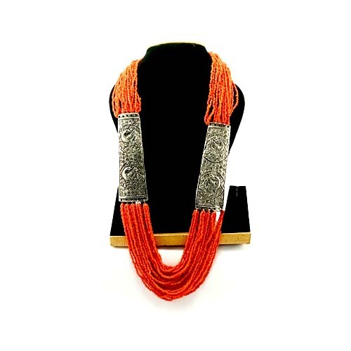 Orange Beads Mala with Double Oxidised Pendant