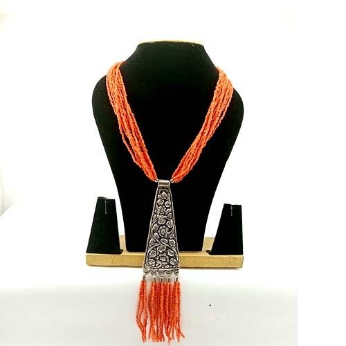 Orange Beads Mala With Oxidised Pendant