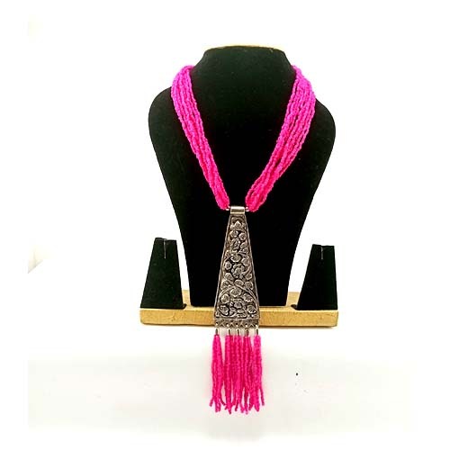 Plastic Pink Beads Mala With Oxidised Pendant