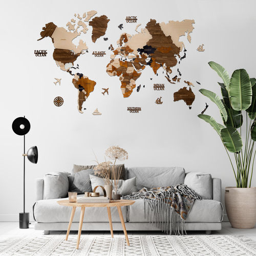 Aesthetic Birchply Wooden 3D World Map For Wall- Ready For Flag Pushpins Dimensions: 40X24 Inch (In)