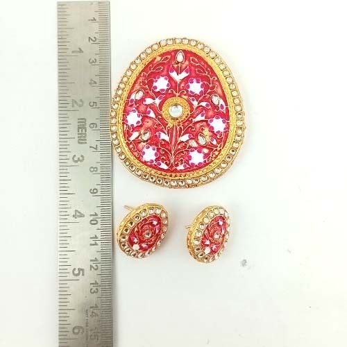 Meenakari Oval Shape Red Pendant Set Stud Earrings