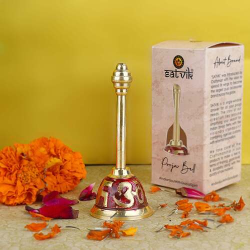 Portable And Durable Om Swastik Brass Puja Red Bell