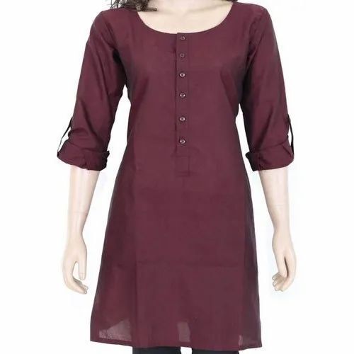 Ladies Brown 3/4th Sleeve Stitched Plain Cotton Kurti