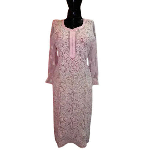 Party Wear Chikan Worked Long Kurti with Round Neck