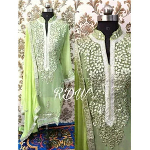 Green Printed With Gota Patti Work Muslin Anarkali Suit