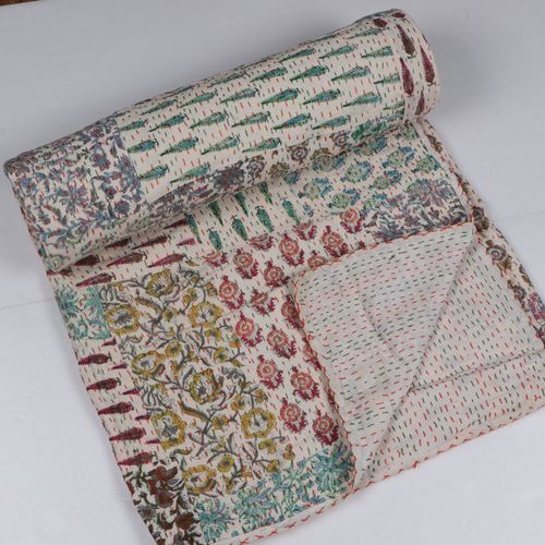 Multicolored Printed Sangari Kantha Quilt For Home And Hotel