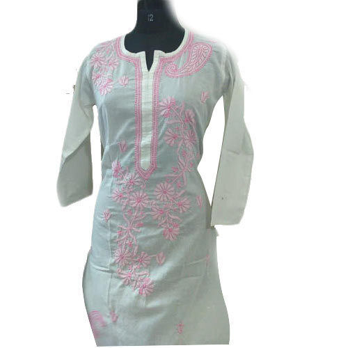 Ladies 3/4th Sleeves Chikan Kurti For Casual Wear