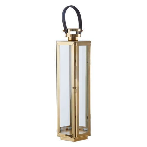 Gold Plated Stainless Steel Hanging Lantern With Leather Handle For Home Decoration