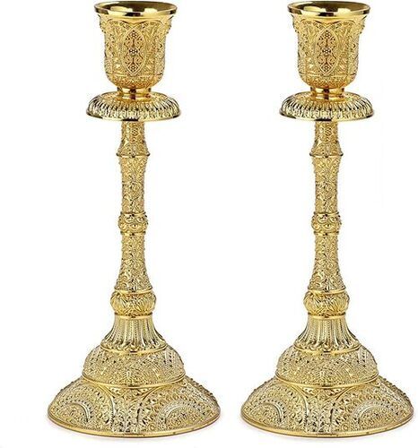 Floral Carved Gold Plated Brass Candlestick Holder Pillar Set Of 2 For Tableware And Parties