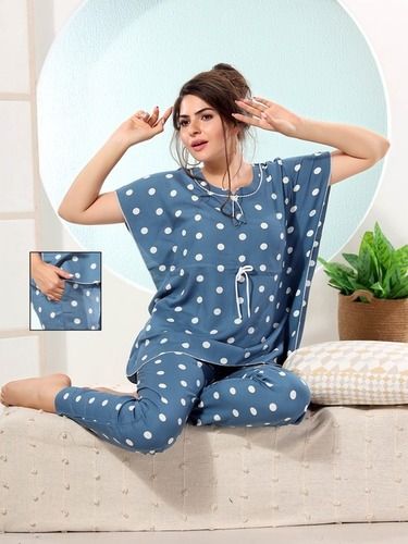 Blue Ladies Designer Printed Rayon Night Suit