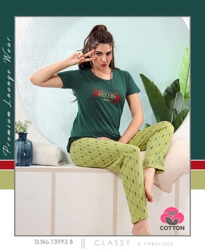 Dark Green Ladies Stylish Hosiery T-Shirts Pyjama Night Suit