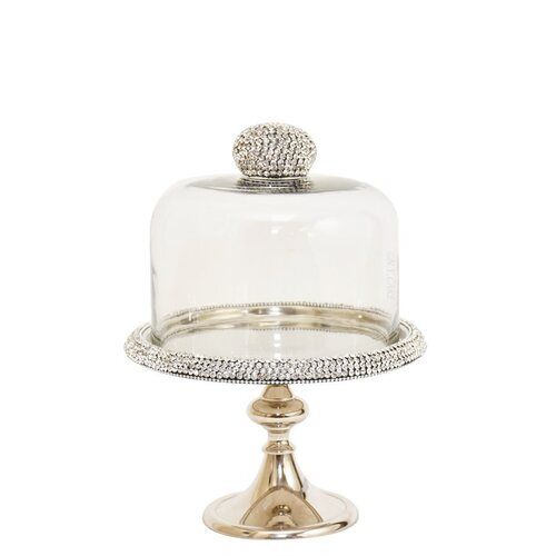 Nickel Plated Round Shaped Rotating Aluminum Cake Stand with Crystal Design Glass Dome for Events