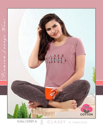 Pink Women Hosiery T-Shirts Pyjama Night Suit