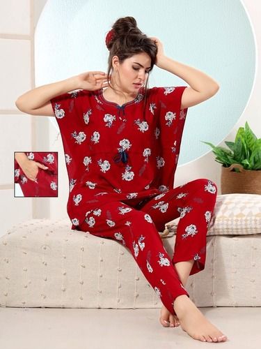 Red Women Stylish Printed Rayon Kaftan Night Suit