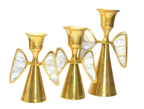 Personalized Polish Finished Brass Candle Holder Set of 3 Angels with Mother of Pearl Wings for Dining Room and Table Top