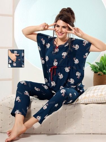 Navy Blue Women Stylish Rayon Kaftan Night Suit