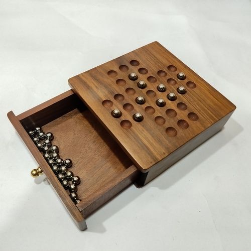 Handcrafted Wooden Solo Checkers Game Box