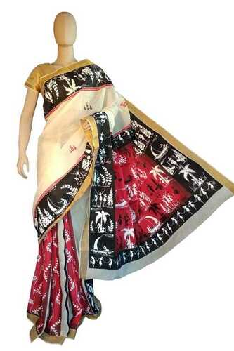 Silver Multi Color Pure Cotton Material Hand Painted Sarees