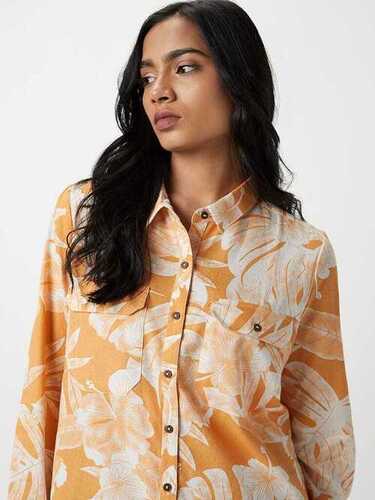 Orange And White Women Full Sleeves Cotton Casual Shirt