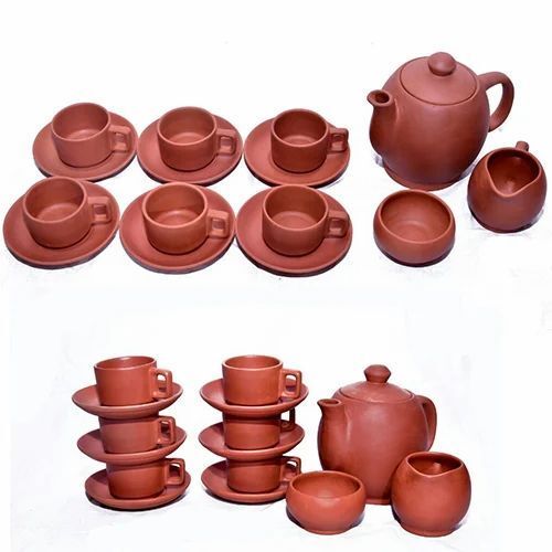 Terracotta Cup Plates, Bowl And Kettle Set