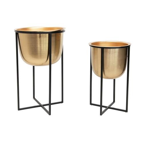Round Shaped Gold Finished With Black Coated Stand Iron Planter Set of 2 For Living Room