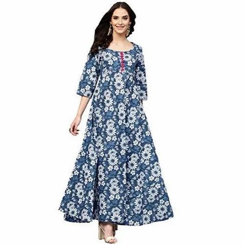 Casual Wear Regular Fit Round Neck 3/4th Sleeve Printed Ladies Long Kurtis