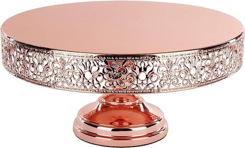 Semi Automatic Rose Gold Finished Round Shaped Rotating Aluminum Cake Stand For Table Top