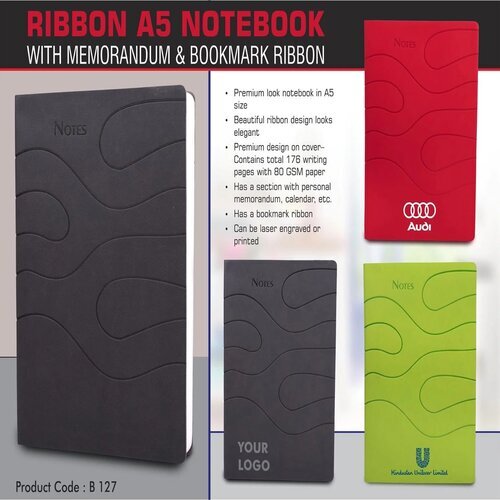 मेमोरेंडम और बुकमार्क रिबन के साथ रिबन A5 नोटबुक