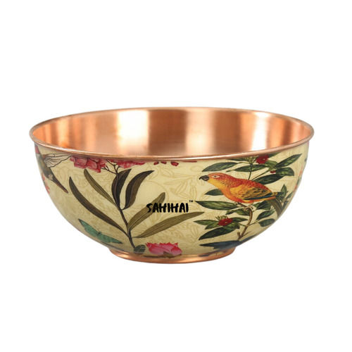 Printed Bird Design Copper Bowl