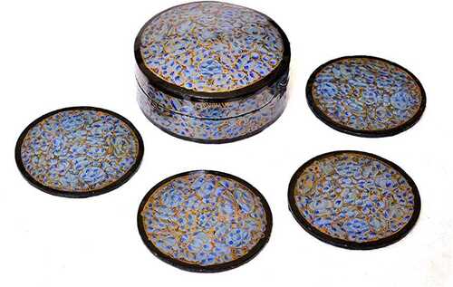 Blue Kashmiri Paper Mache Coasters (Set Of 6 With Box)