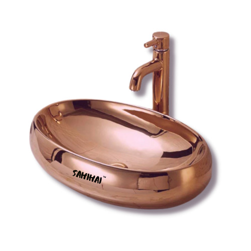 ग्लॉसी फ़िनिश और ओवल शेप कॉपर वॉश बेसिन