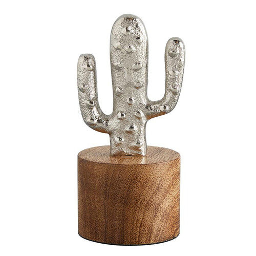 Silver Plated Finished Aluminum Cactus Sculpture With Mango Wooden Base