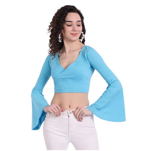 Ladies Aqua Blue Flare Sleeves Plain Splice Neck Top