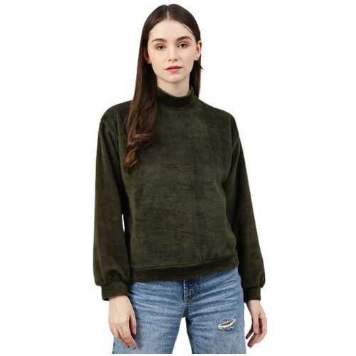 Ladies Olive Plain Fur Top