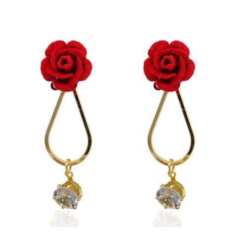 Fabula Fashion Stylish Red Velvet Rose Crystal Stone Stud Earring