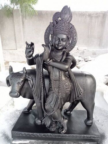 Krishna Marble Statue With Black Cow