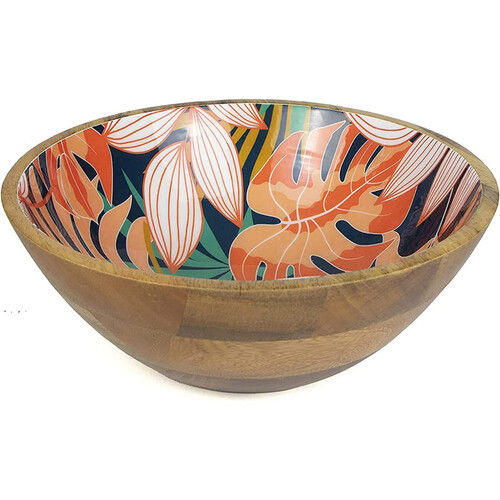 Wood Leaf Design Enamel Finished Round Shaped Mango Wooden Serving Fruit Bowl For Gift