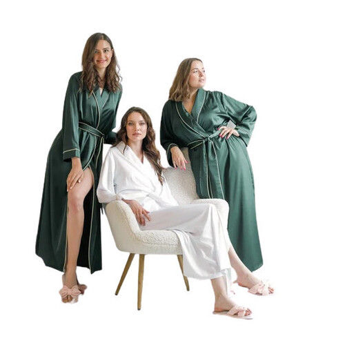 Long Satin Kimono Robe with Piping for Bride and Bridesmaid