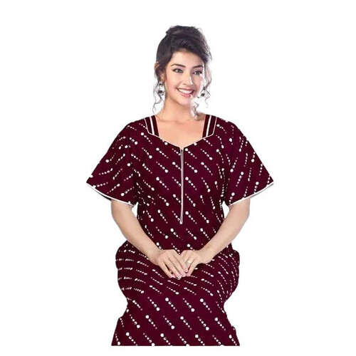 Ladies Premium Half Sleeve Printed Maroon Nighty